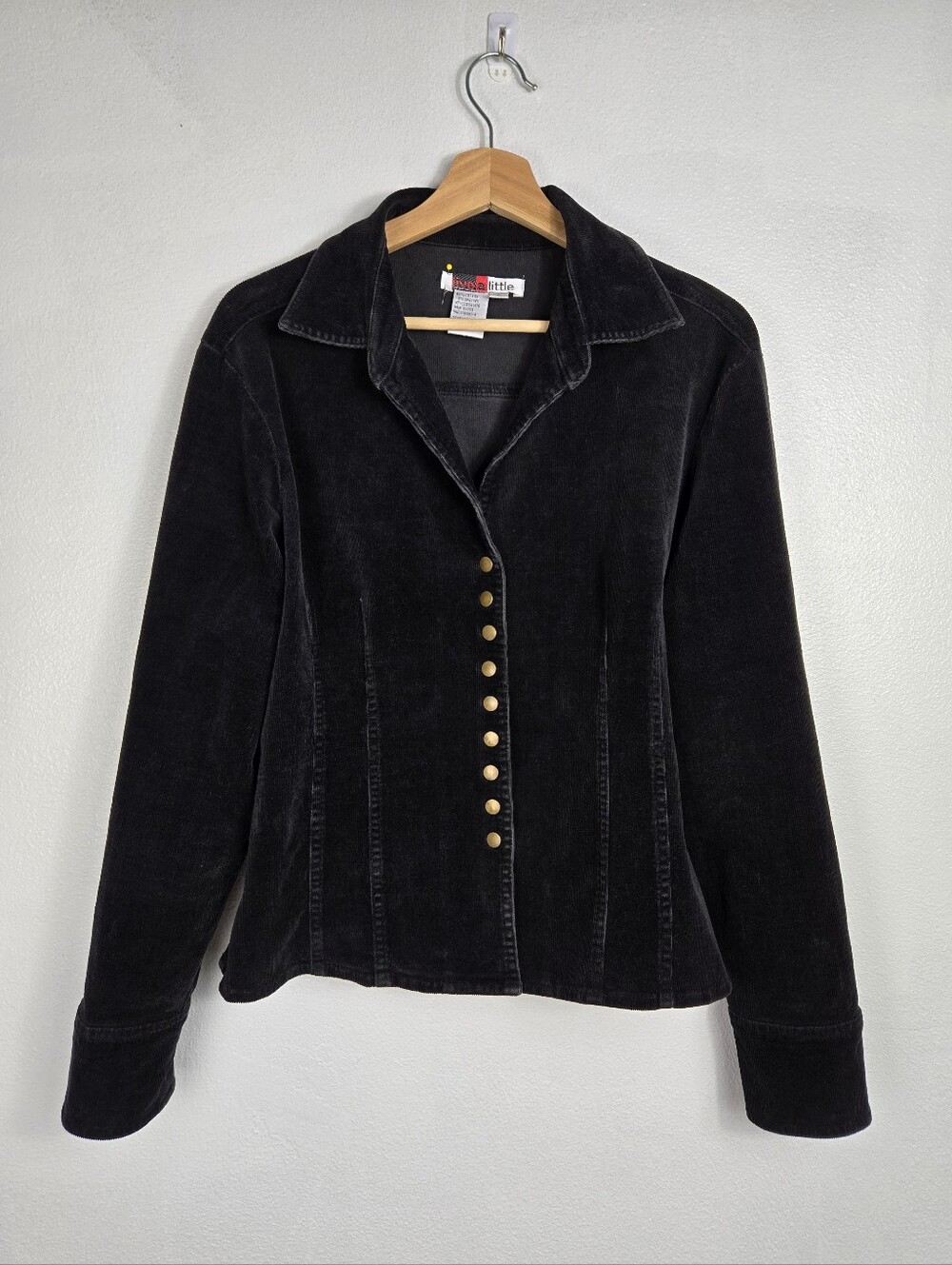 Black Corduroy Jacket Blazer Brass Snap Button Down Collared Vintage Size Large